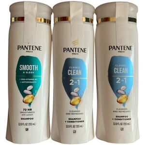 Lot 3 Pantene Smooth Sleek/Classic Clean 2-in-1 Shampoo & Conditioner 12.0 fl oz